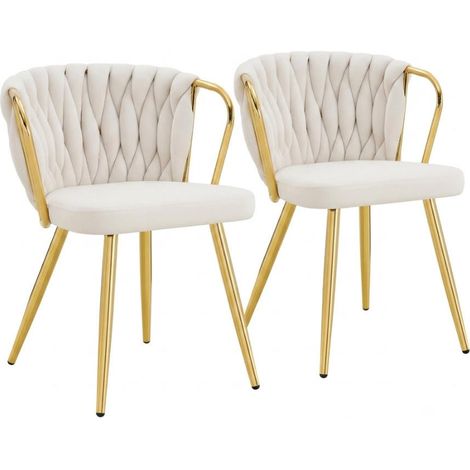 Fauteuil velours crème dossier tressé & pieds dorés, ergonomique (1/5)