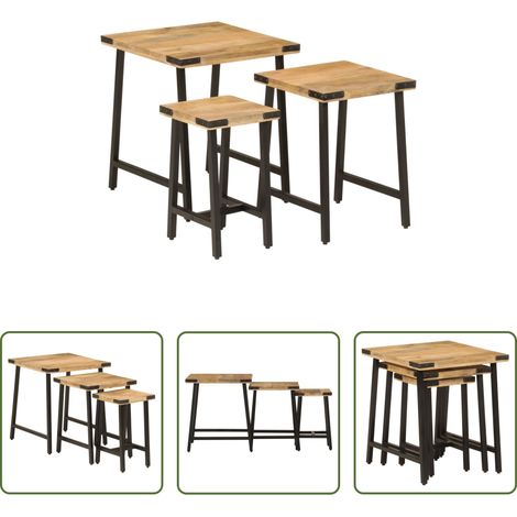 Meuble de salon - Tables basses gigognes 3 pcs bois massif de manguier et fer (1/5)
