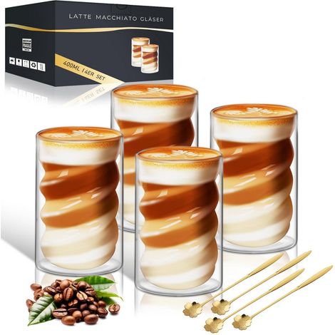 Verres à Latte Macchiato lot de 4 400ml double paroi avec design spiralé et cuillères