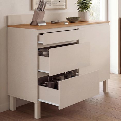 Mueble bajo de cocina con espacio para ollas, 120 cm, modelo CLAUDE, encimera con efecto madera, 83 cm de altura, 1 puerta + 3 c (1/5)