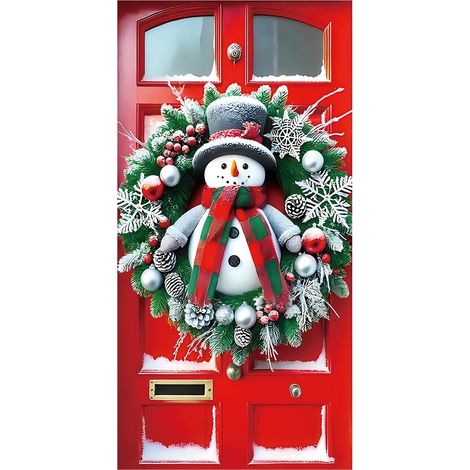 Guirlande Porte De Noël - Motif Bonhomme De Neige - Arrière-Plan Photo Hiver - Pour Porte D'Entrée Ou Porche - 71 x 35 Pouces (1/5)