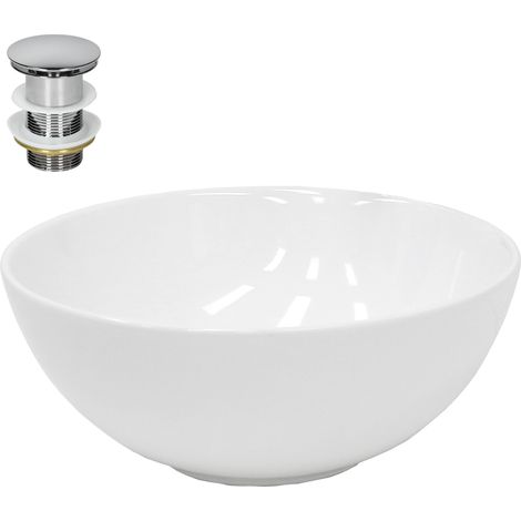 ECD Germany Lavabo Cerámico Ovalado con Agujero Conexión Estandar - Blanco - Lavamanos Sobre Encimera - 320 x 320 x 135 mm - Diseño Moderno - Fregadero con Juego de Desagüe - Realza cada Baño o Aseo (1/5)
