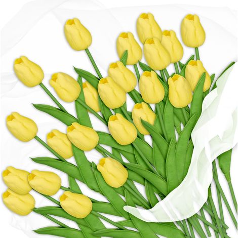 Relaxdays Tulipanes Artificiales, Pack 24 Flores Realistas, Ramo Decorativo, Plástico, 33,5cm de Largo, Amarillo y Verde (1/5)