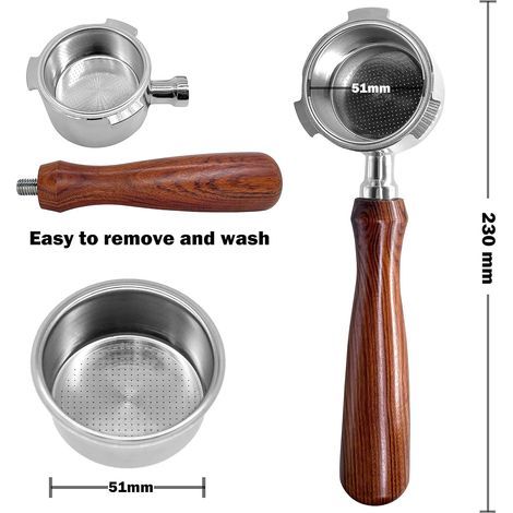 Espresso Bottomless Porte-filtre 51mm Compatible avec DeLonghi Dedica EC680/EC685/EC785/EC820/EC850/EC860 Machine à Café Smeg, Acier Inoxydable, Palissandre Premium (1/4)
