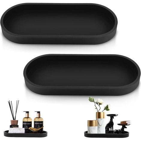Set of 2 bathroom trays, decorative trays, black silicone, vanity organizer tray, small tray, for living room, bedroom, washbasin, bathtub and kitchen sink (oval) MUMU (1/4)