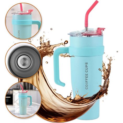 Mug isotherme ECARLA avec anse et paille, 1200 ml, turquoise BD23TUR (1/5)