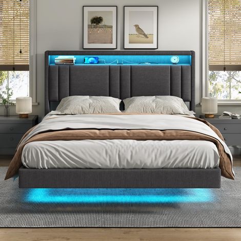 Lit 140x200 cm, Effet Flottant, Lits Double avec LED Réglable, Multiprise et Étagère Ouverte, Cadre de Lit avec Sommier à Lattes, Lits Flottant Rembourré, Lin Gris (1/5)