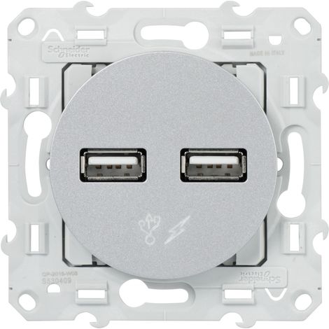 Prise murale double USB Gris Aluminium Odace Schneider Electric