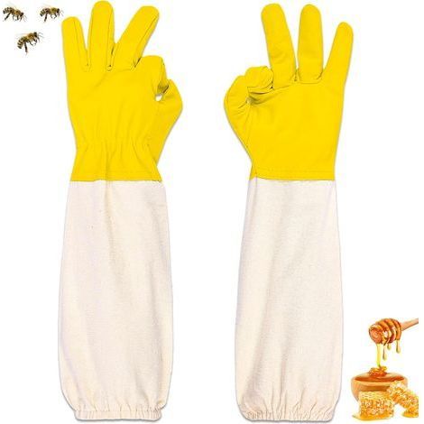 Gants D'apiculture en Peau de Chèvre,Gants Protégés pour Apiculteur à Manches Longues en Toile, Gants de Travail de Jardinage, Matériel Apicole Compatible avec les Tenues de Protection (Jaune) (1/5)
