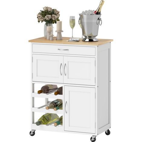 Desserte de cuisine avec rangements modulables : 2 placards, un tiroir, un casier à bouteilles pour 9 bouteilles, plateau en MDF blanc et en bois d’hévéa.