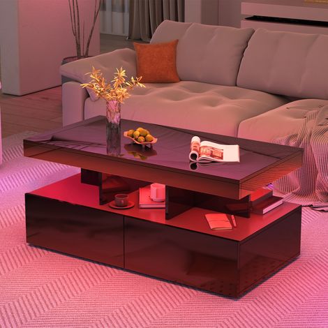 Table Basse avec Lumières LED, Table d'Appoint avec 2 tiroirs, 6000 Couleurs Lumières Réglables, Rangement Ouvert, 104x53x46, Blanc