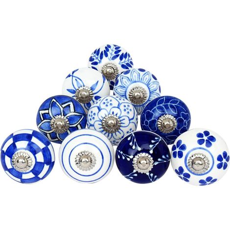 Lot De 10 Boutons De Meuble En Céramique Bleu Et Blanc Décoratives (1/5)
