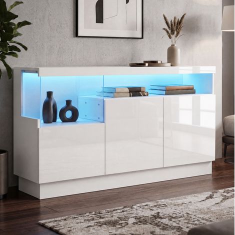 Vetrina espositiva 140x36x80 cm con illuminazione LED controllabile tramite app, nicchia in acrilico, 3 ante, vano contenitore, bianco lucido. (1/5)