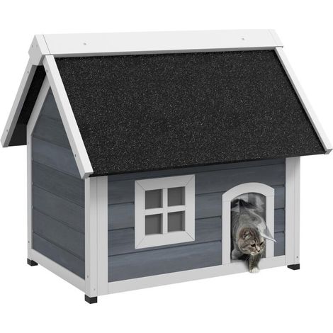 Maison en bois pour chat avec fenêtre en plexiglas et toit ouvrable gris 77x57,5x68 cm idéale pour votre félin. (1/5)