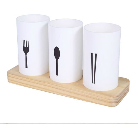 Boîte De Rangement Pour Couverts - Base En Chêne - Égouttoir Intégré - Pour Cuillères Fourchettes Baguettes - 3 Compartiments - Blanc (1/5)