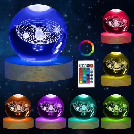 Lampe Boule de Cristal 3D, Lampe de Nuit Boule de Cristal 3D du Système Solaire, Lampe 3D avec Télécommande, Cadeau de Saint Valentin, Cadeau de Astronomie pour Enfants - Rechargeable (1/5)