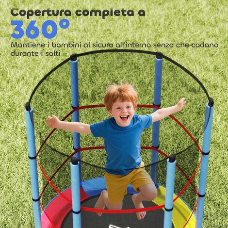 Tapis de Rebond pour Enfants 3-6 Ans, Filet de Protection, 6 Montants, 3 Entrées, Ø140x190 cm, Multicolore
