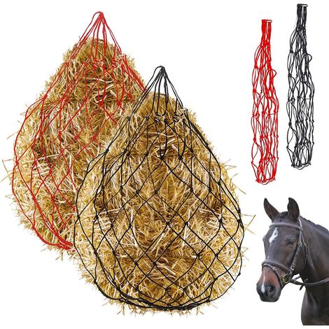 Lotto di 2 filets à foin à alimentation lente de 91,4 cm, 2 couleurs, grand filet à foin en poliestere résistant pour remorque et étal, simule le pâturage, réduit les déchets (noir, rouge) (1/5)