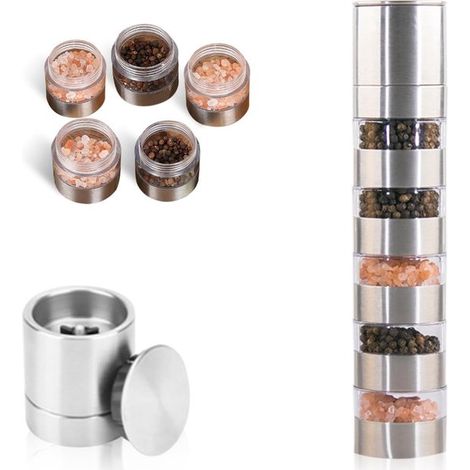 5-in-1 Reisegewürzset, stapelbare Edelstahl-Gewürzgläser, Mini-Gewürzgläser mit Gewürzmühle, Gewürzgläser für Küche, Reisen und Camping (1/5)