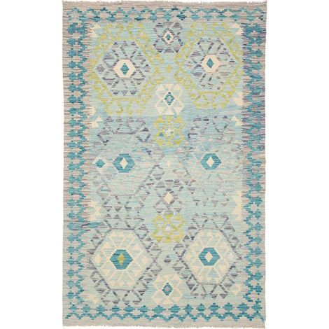 Tapis d'orient 120 x 191 cm, géométrique, bleu, gris et vert, en laine naturelle, tissé plat artisanal du Pakistan (1/5)