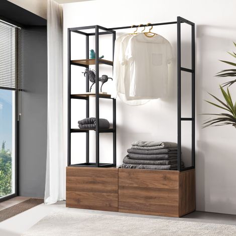 Mueble de entrada Egmating con percherro burro y 2 cajones metal y MDF 180 x 120 x 40 cm - Negro y Efecto nogal [en.casa]