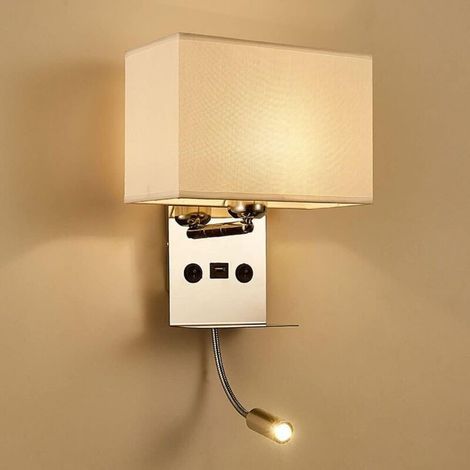 Applique murale LED ajustable avec port USB – Lampe de lecture blanc chaud E27 – Col de cygne flexible – 2 interrupteurs – Abat-jour en tissu