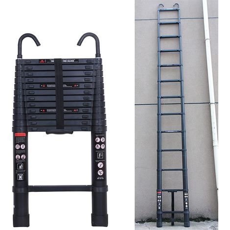 3,8m Teleskopleiter Klappleiter Alu Mehrzweckleiter mit 2 Haken, 13 Sprossen, rutschfest Verlängerungsleiter, Anlegeleiter Aluminium Leiter Haushaltsleiter für Outdoor & Indoor, 150kg Tragkraft