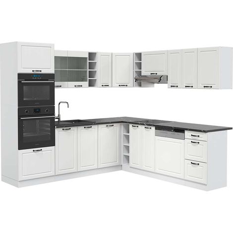Eckküche R-Line, Weiß Landhaus/Weiß, 247 x 237 cm, AP Anthrazit, Vicco
