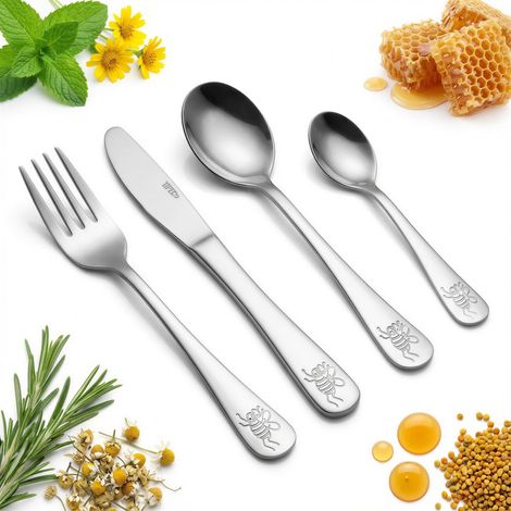 Juego de cubiertos para niños, juego de cuchara, tenedor y cuchillo de acero, 4 piezas. (1/5)