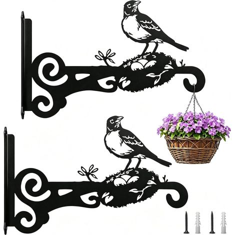 2 Pièces Crochet Suspension Plante Support de Suspension Mural Noir Fer Forgé Antirouille Colibri Jardin Déco Support Jardiniere Balcon pour Pots, Nichoirs,Carillons-Capacité Portante (1/5)
