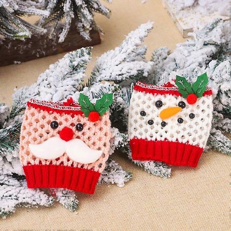 Set mit 2 gestrickten Weinglasüberzügen, Schneemann-Motiv, Weihnachtstischdekoration (1/3)