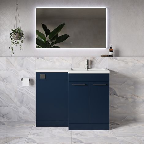 Napoli 390 Deep Blue 1100mm 2 Door Vanity Unit Toilet Suite with Square Right Hand Lucia Basin - 1100mm - Gunmetal Grey 160mm HandleWithout Kingston Toilet Pan