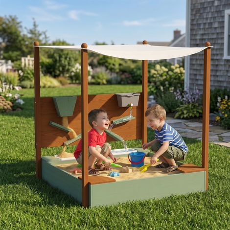 Arenero para Niños de Madera con Techo Arenero Infantil con 2 Asientos 2 Cajas Grifo Embudo 116x112,5x128 cm Verde (1/5)