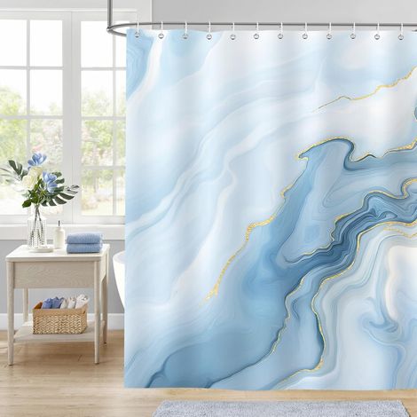 Rideau de Douche Marbre Bleu, Rideau de Bain Abstrait Moderne 180x180cm, Tissu Imperméable Résistant Moisissures avec 12 Crochets (1/5)