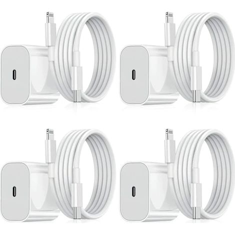 【YD】Lot de 4 chargeurs pour iPhone - Chargeur rapide - Adaptateur + câble de 2 m 20 W Lightning Blanc (compatible iPhone NT) (1/5)