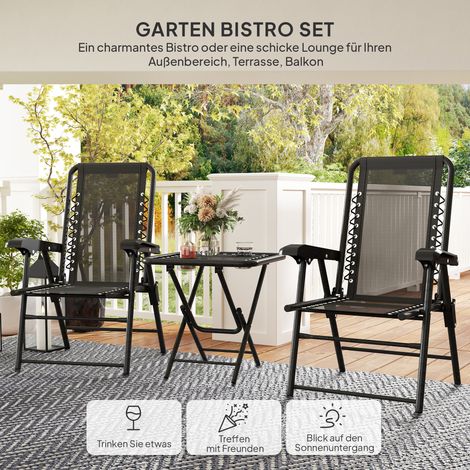 Ensemble bistro en acier 3 pièces, table pliante avec porte-gobelets et chaises de jardin, mobilier extérieur résistant aux intempéries, noir