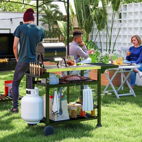 Chariot pour barbecue plancha avec plateau en inox, multi-équipements, 6 crochets, tablette rabattable, 2 roulettes