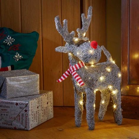 51cm Battery Operated Rattan Woven Blitzen Reindeer with Warm White LEDs (1/5)