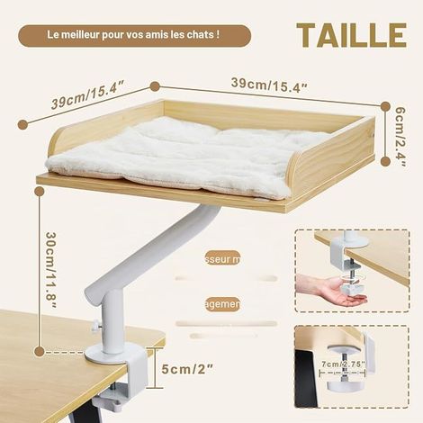Lit de chat pour bureau, lit de chat en bois pour intérieur, panier pour chat, pivotant et réglable en hauteur, hamac pour chat à gratter (1/4)