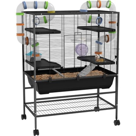 Spacious Black Hamster and Gerbil Cage with Tubes, Ramps, Platforms, Storage Shelf, and Running Wheel (1/5)