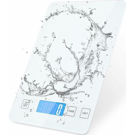 Balance Cuisine en Verre Trempé 15kg, Balance de Cuisine Électronique Alimentaires, Balance Précision, Étanche Prime Panneau en Verre Trempé, Commande Tactile Intelligente, (Blanc) (1/5)
