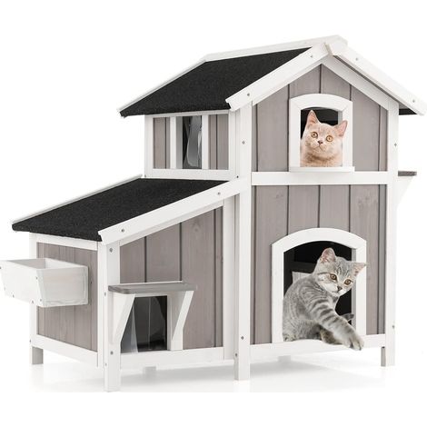 Goplus – Maisonnette pour chat 2 étages en bois de sapin – Toit en asphalte résistant aux intempéries – 3 condos et plateforme à 2 niveaux – Rideaux PVC (1/5)