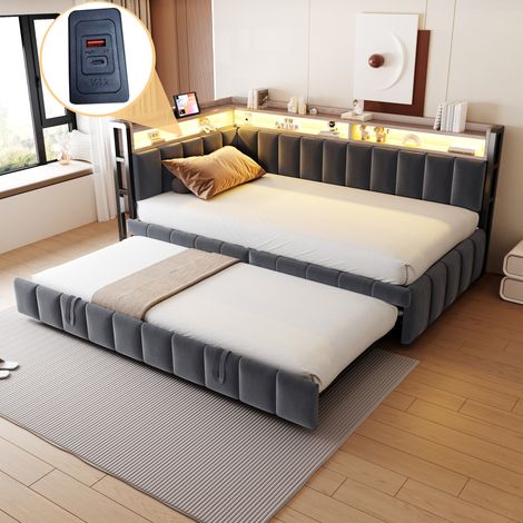 Cama extraíble 90/200 cm en terciopelo gris con LED, USB-C y almacenaje (1/5)
