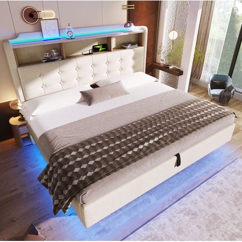 Lit coffre 180x200 cm en lin beige, rangement hydraulique LED pour chambre, sans matelas FloraGrace (1/5)