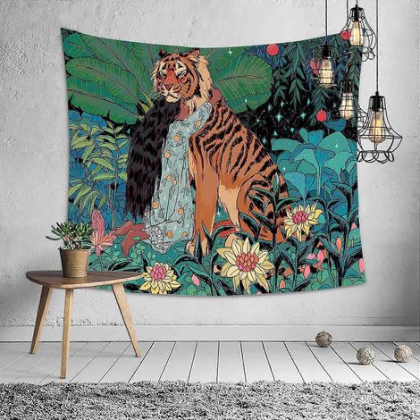 Tapisserie murale en velours Mandela représentant une forêt mystérieuse, des fleurs, des animaux de la jungle et un paysage lunaire et océanique, idéale pour la décoration de la maison et de la chambr