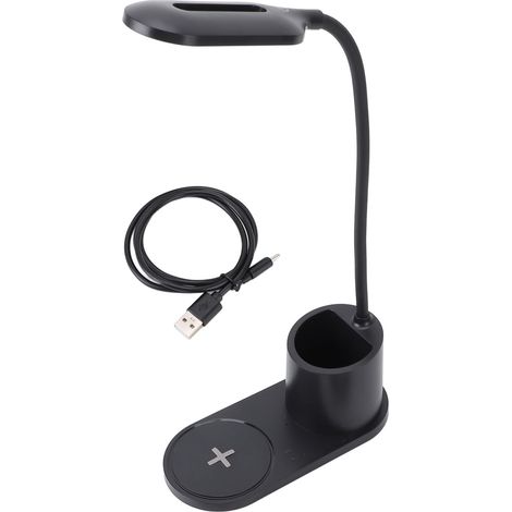 Lampe de bureau LED tactile avec bras flexible, petite lampe de table avec chargeur sans fil et porte-stylo, idéale pour chambre d'étudiant ou bureau (noir). (1/5)