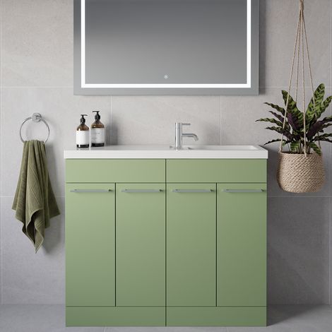 Napoli 250 Olive Green 1000mm 4 Door Vanity Unit with Square Silvo Basin - 1000mm - Chrome 160mm Handle