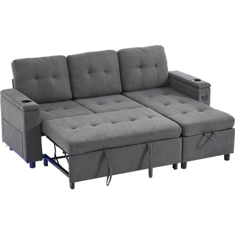 Divano letto, divano da 3 posti con illuminazione LED e porte USB, 2 portabicchieri, vano portaoggetti, grigio (1/5)
