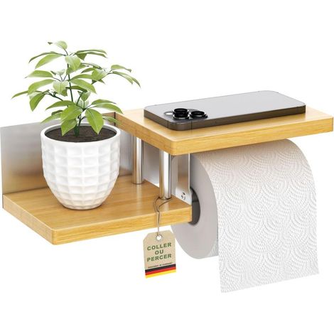– Wandmontierter Toilettenpapierhalter aus Bambus – Selbstklebende oder bohrbare Montage – Integrierte Ablagen für Zubehör – Wasser- und rostbeständig (1/5)