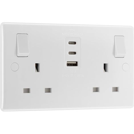 Electrical 822UACC30 Prise murale à double interrupteur avec charge rapide, 1 port de charge USB de type A et 2 ports de charge USB de type C, bord rond, série Nexus 800, blanc moulé, 13 A (1/5)